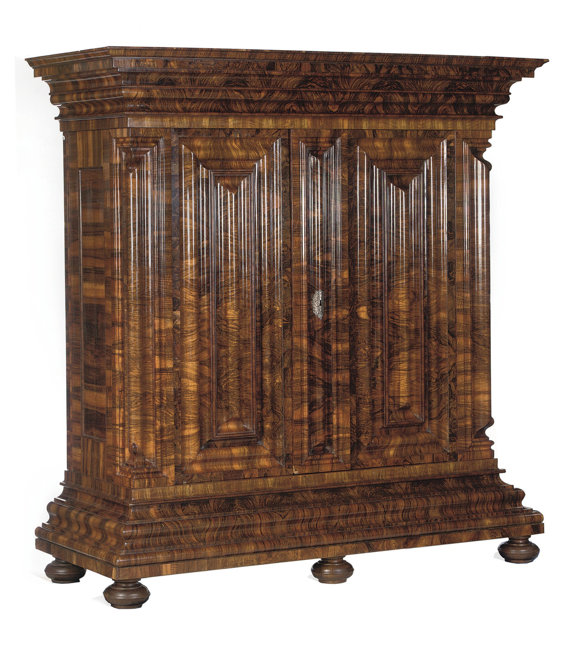 A GERMAN SILVER-MOUNTED AND FIGURED-WALNUT 'NASENSCHRANK'