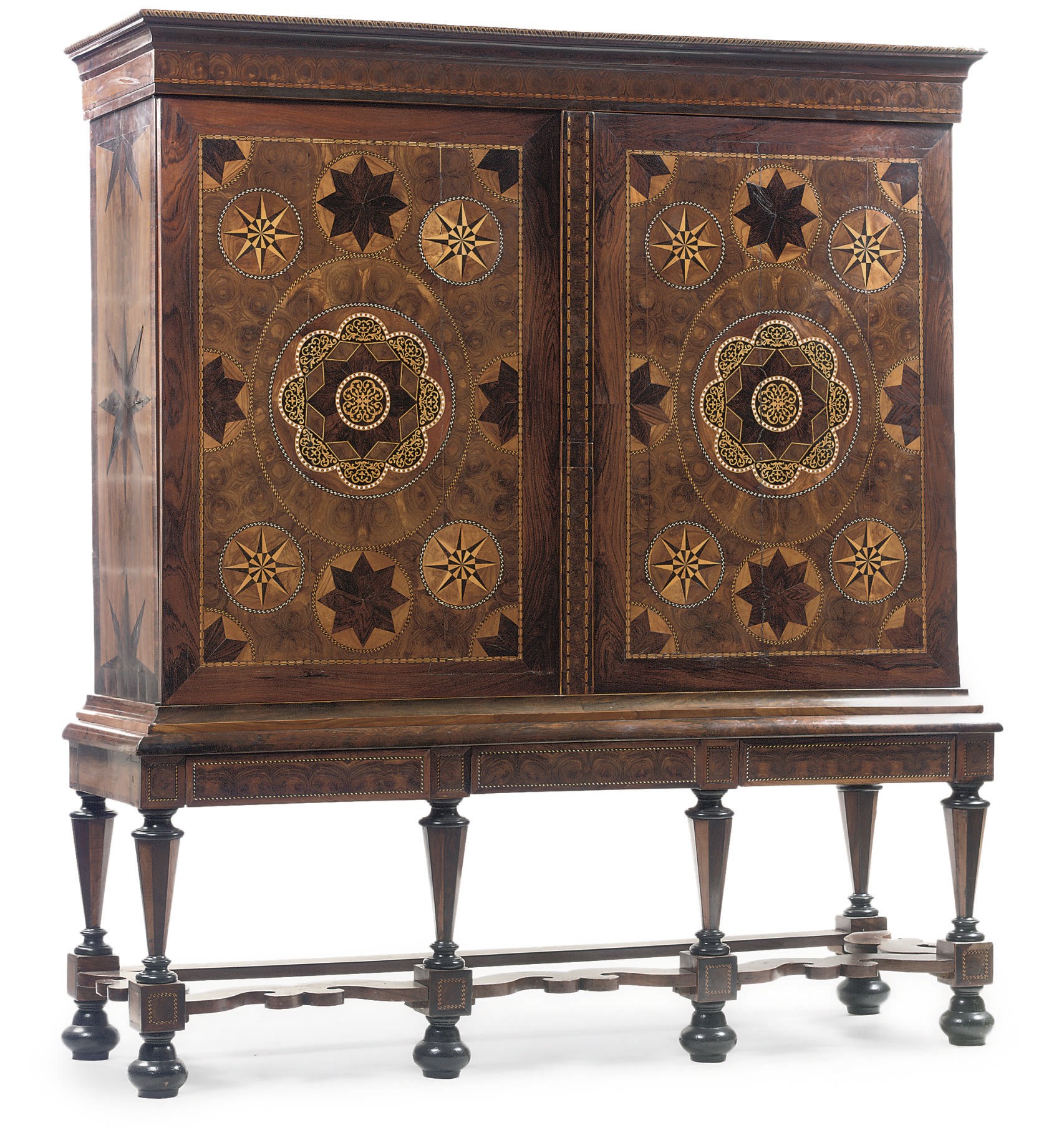 A DUTCH OLIVEWOOD, ROSEWOOD, EBONY, EBONIZED, OYSTER VENEERED AND FRUITWOOD MARQUETRY CABINET-ON-STAND