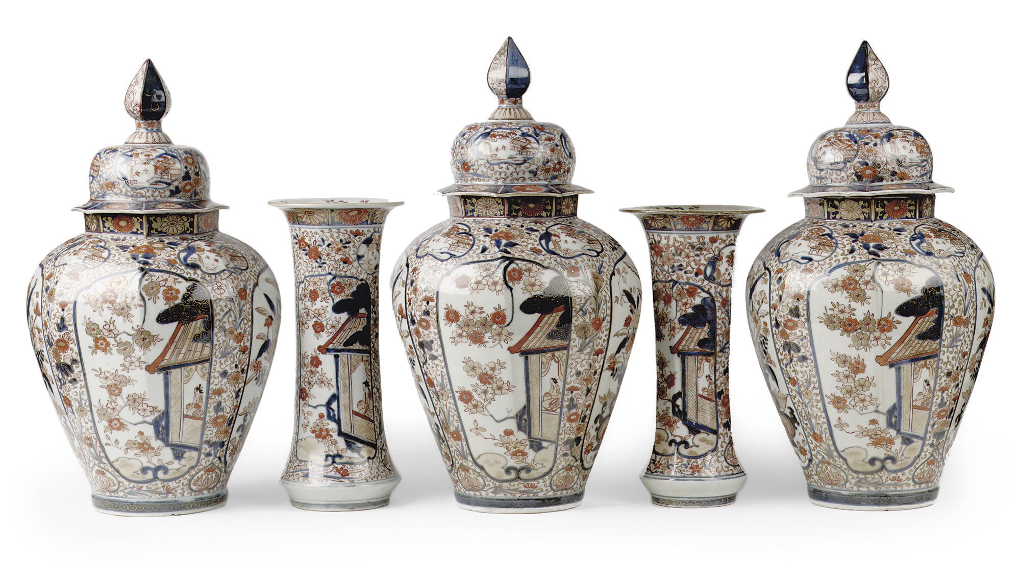 A Japanese five-piece Imari garniture
