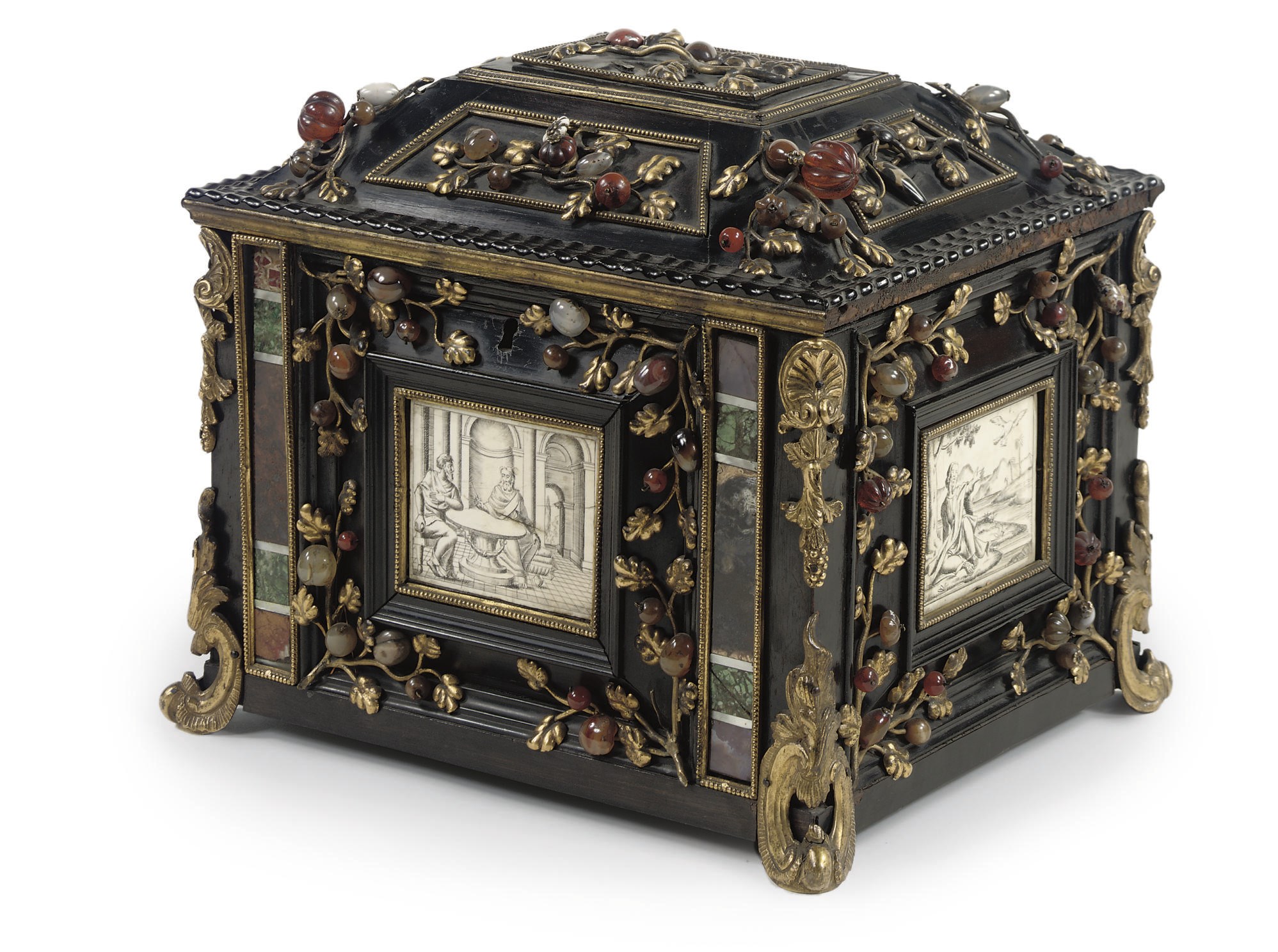 A SOUTH GERMAN ORMOLU-MOUNTED, REPOUSSE, HARDSTONE AND SPECIMENT MARBLE-INSET EBONY AND EBONIZED CASKET