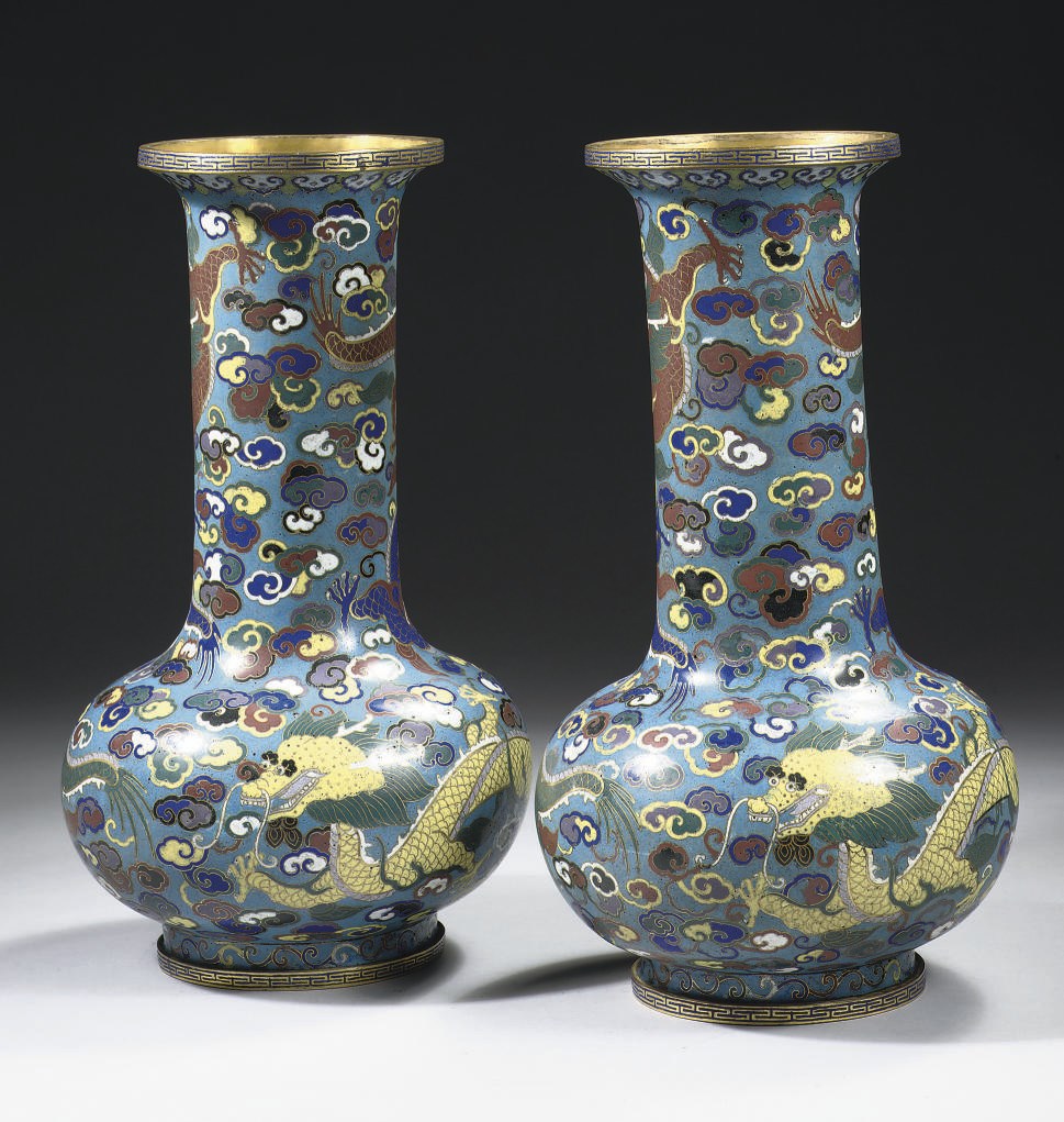 A pair of Chinese cloisonne enamel bottle vases