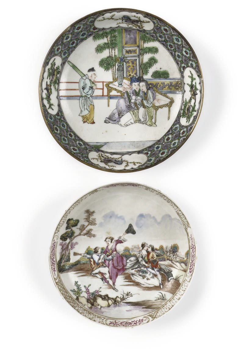 A group of six Chinese wucai jars and two famille rose saucers