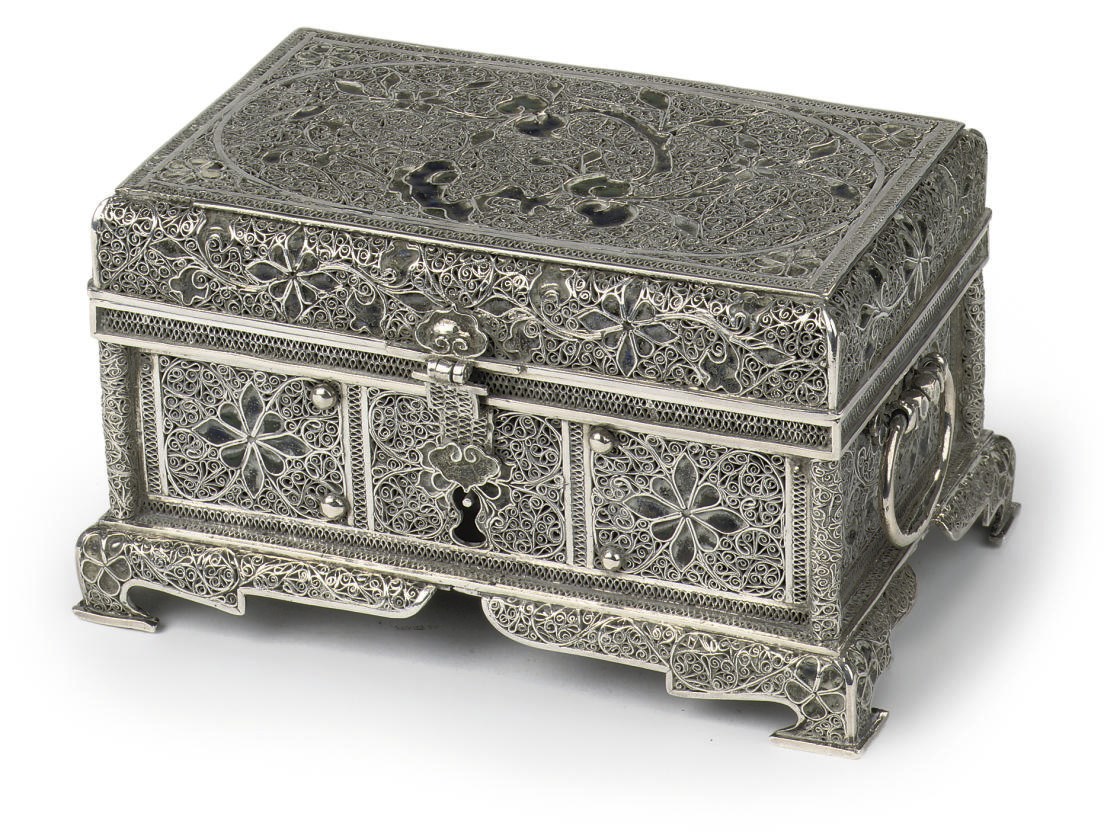 A Chinese export silver filigree and enamel box and hinged cover