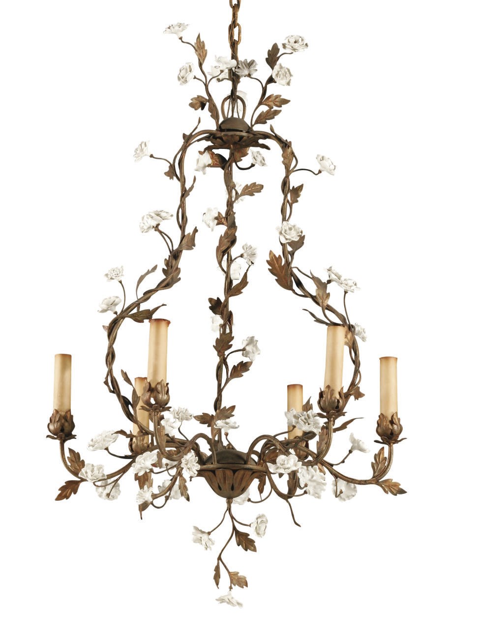 A NORTH EUROPEAN GILT-METAL AND WHITE PORCELAIN SIX-LIGHT CHANDELIER