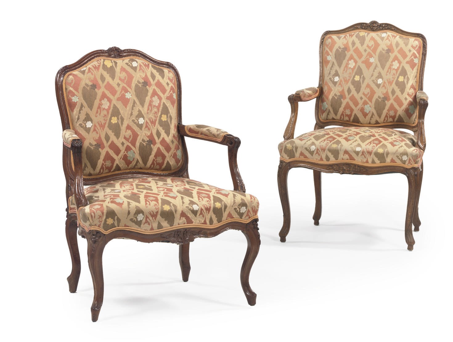 A MATCHED PAIR OF WALNUT AND OAK FAUTEUILS