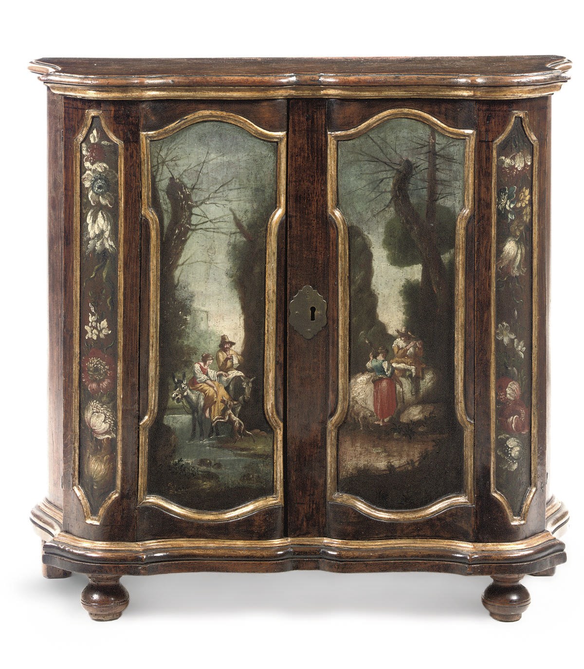A NORTH EUROPEAN ELM, POLYCHROME DECORATED AND PARCEL-GILT SIDE CABINET