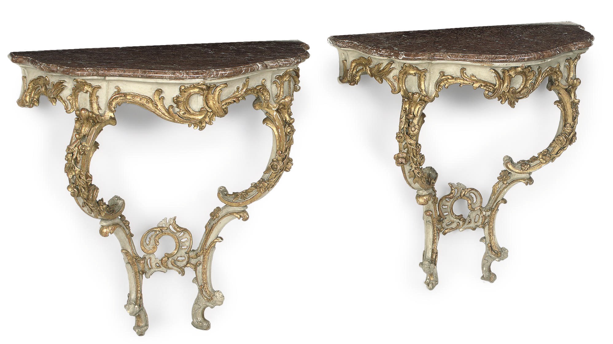 A PAIR OF SOUTH GERMAN PARCEL-GILT AND GREY-PAINTED CONSOLE TABLES
