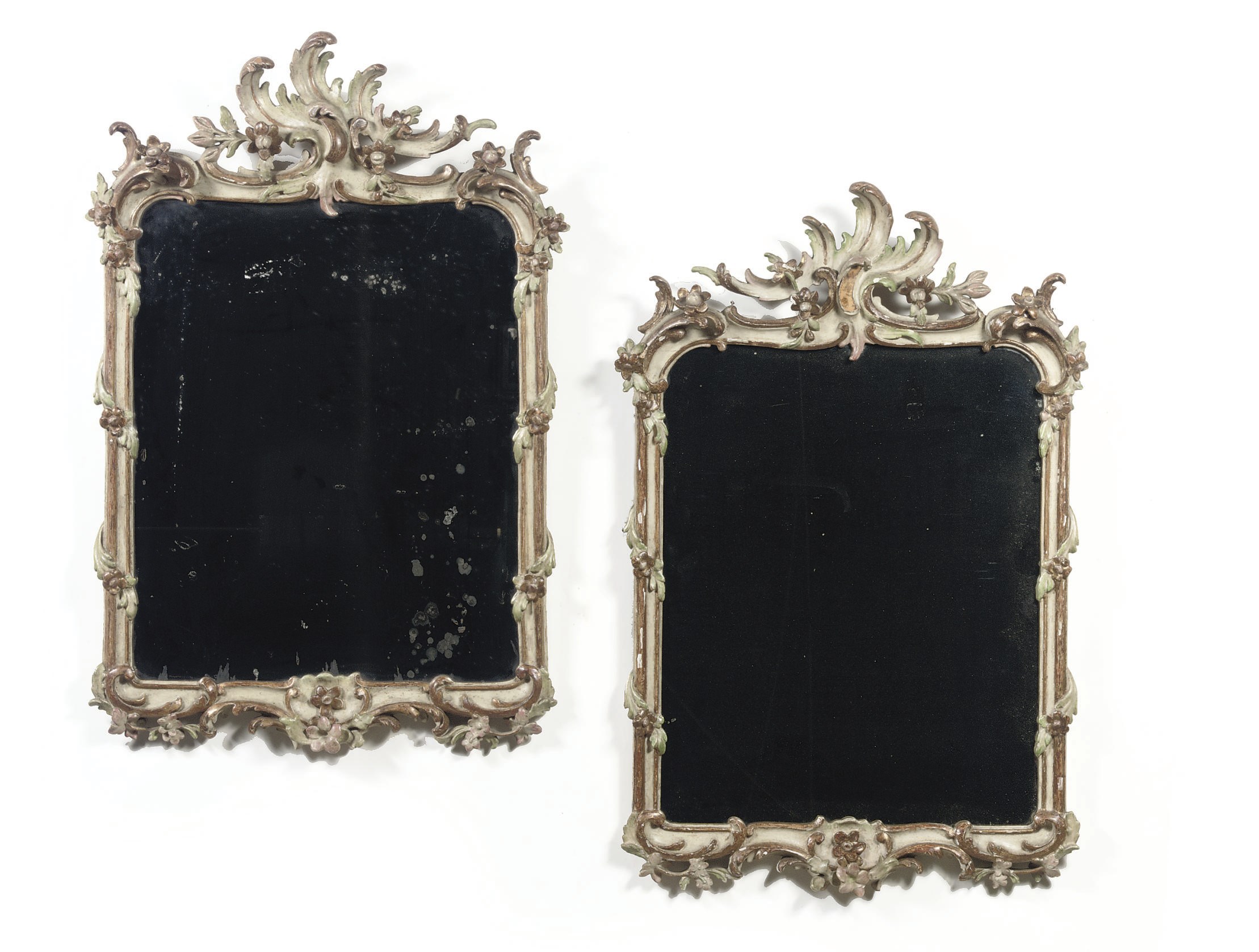 A PAIR OF SOUTH GERMAN POLYCHROME PAINTED AND PARCEL-GILT MIRRORS