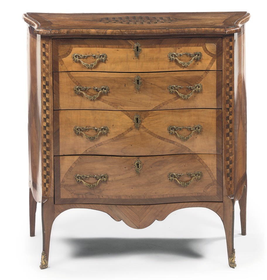 A NORTH EUROPEAN BRASS-MOUNTED, SATINWOOD, ROSEWOOD, MAHOGANY, TULIPWOOD AND PARQUETRY COMMODE