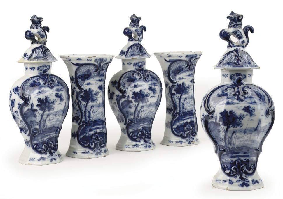 A Dutch Delft blue and white five-piece garniture