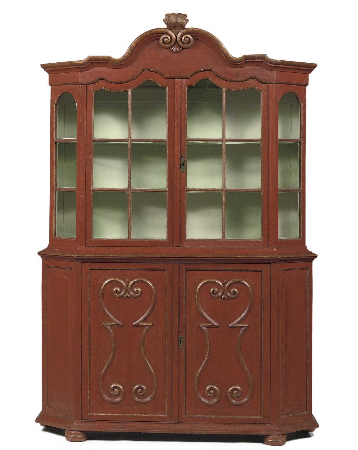 A DUTCH PARCEL-GILT AND RED-PAINTED DISPLAY CABINET