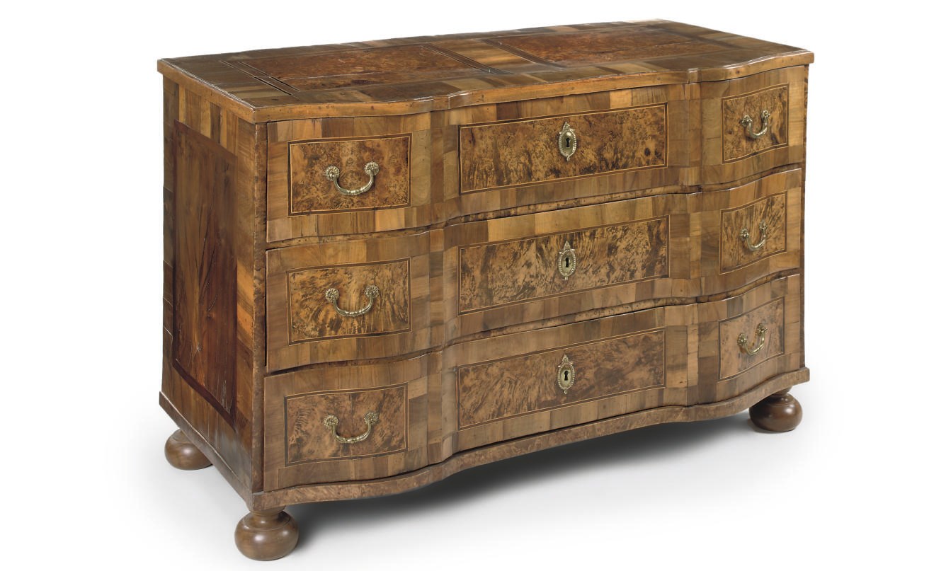 AN AUSTRIAN WALNUT, BURR-BIRCH AND FRUITWOOD COMMODE
