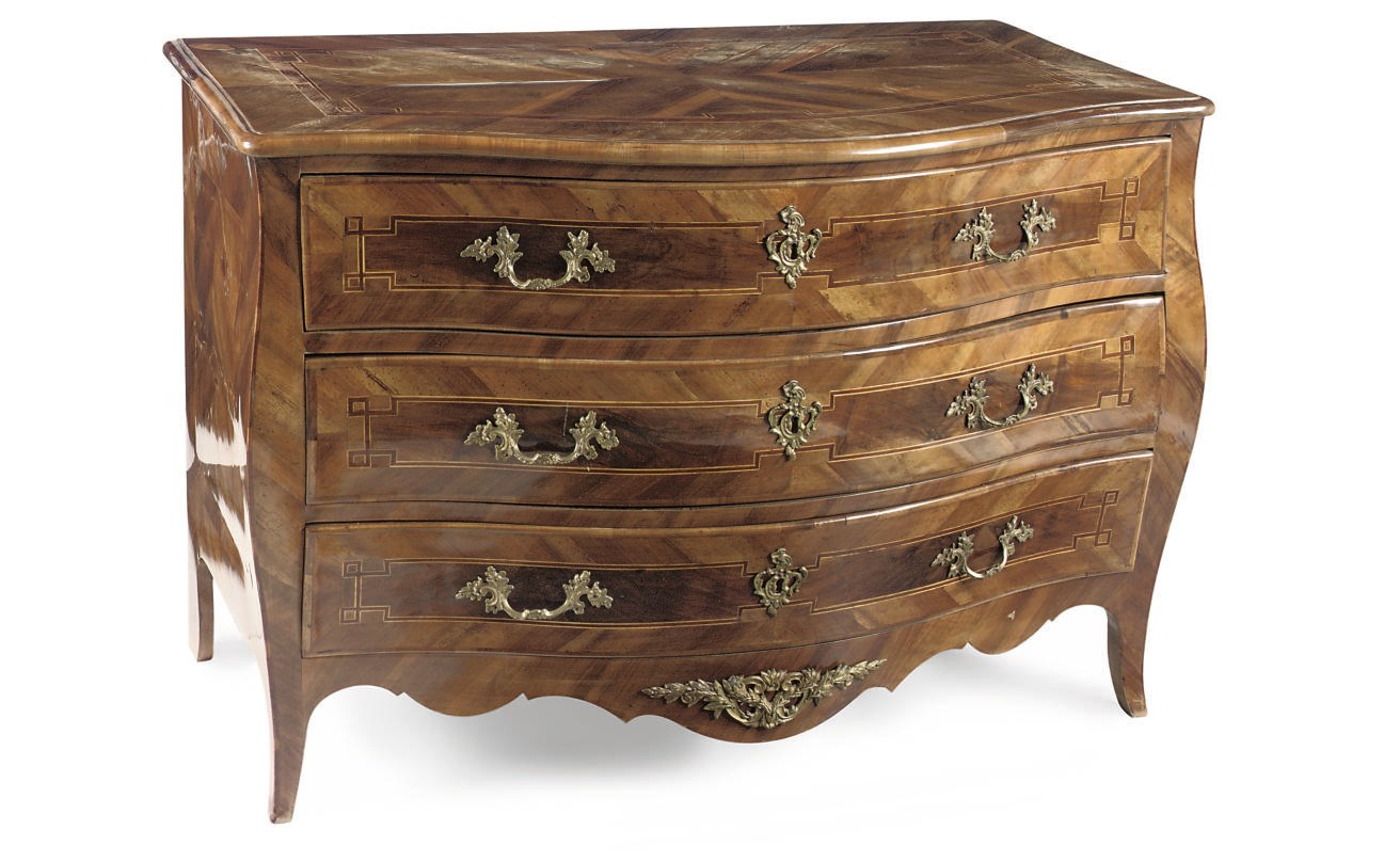 A GERMAN ORMOLU-MOUNTED WALNUT AND FRUITWOOD COMMODE
