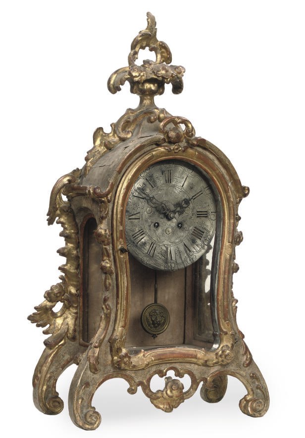 A SOUTH GERMAN GILTWOOD AND MECCA BRACKET CLOCK