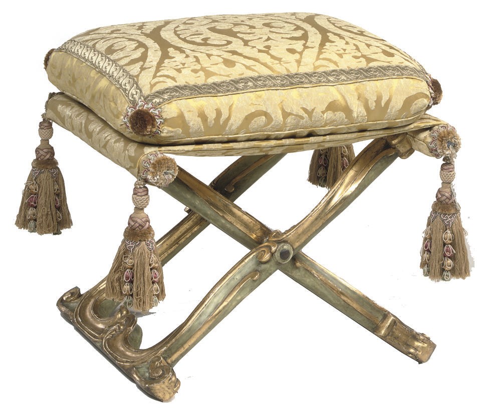 A PARCEL-GILT AND GREEN PAINTED PLIANT X-FRAME STOOL
