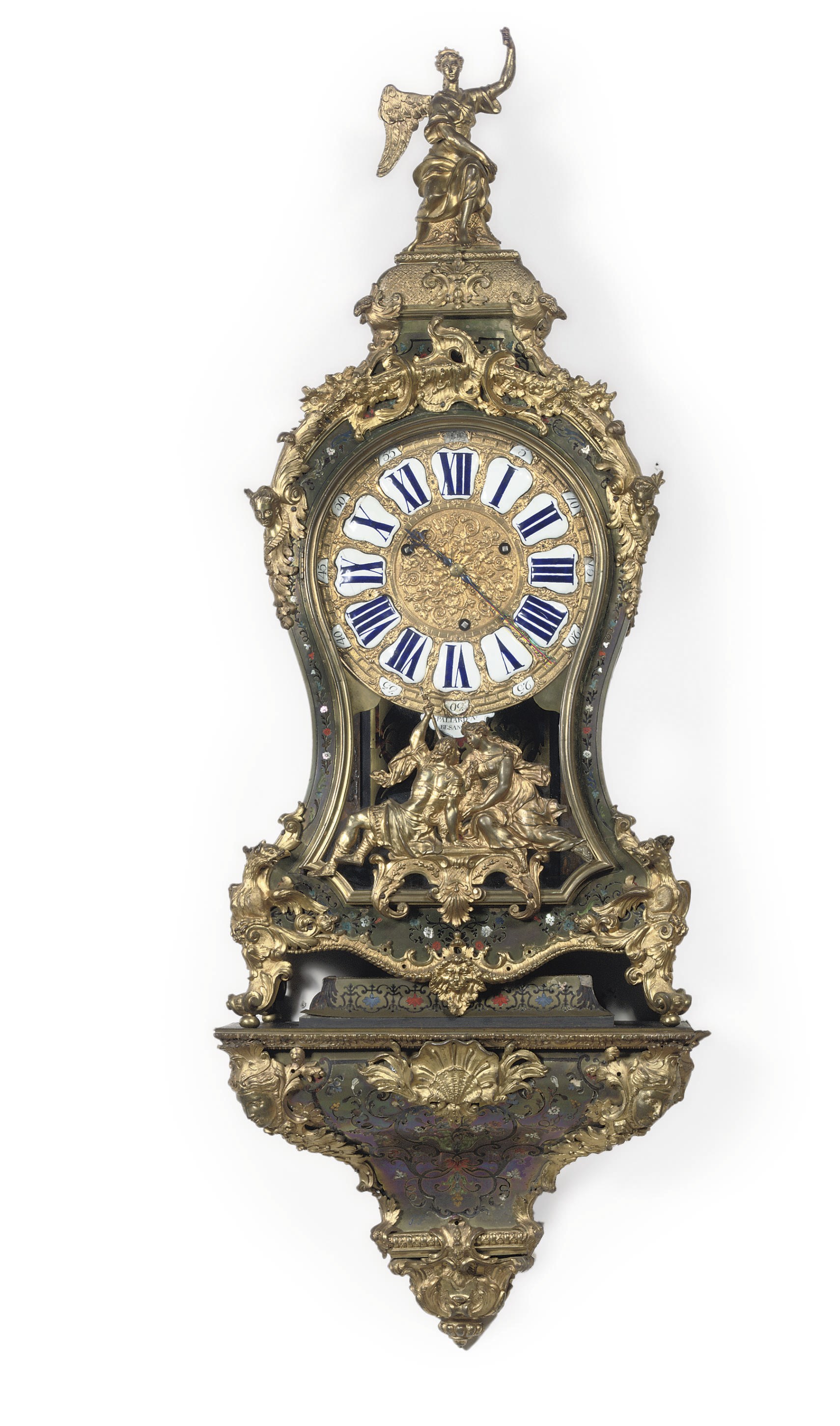 A LARGE LOUIS XV ORMOLU-MOUNTED TORTOISESHELL, BRASS, MOTHER-OF-PEARL RED AND GREEN STAINED HORN BOULLE MARQUETRY GRANDE SONNERIE BRACKET CLOCK ON WALL BRACKET
