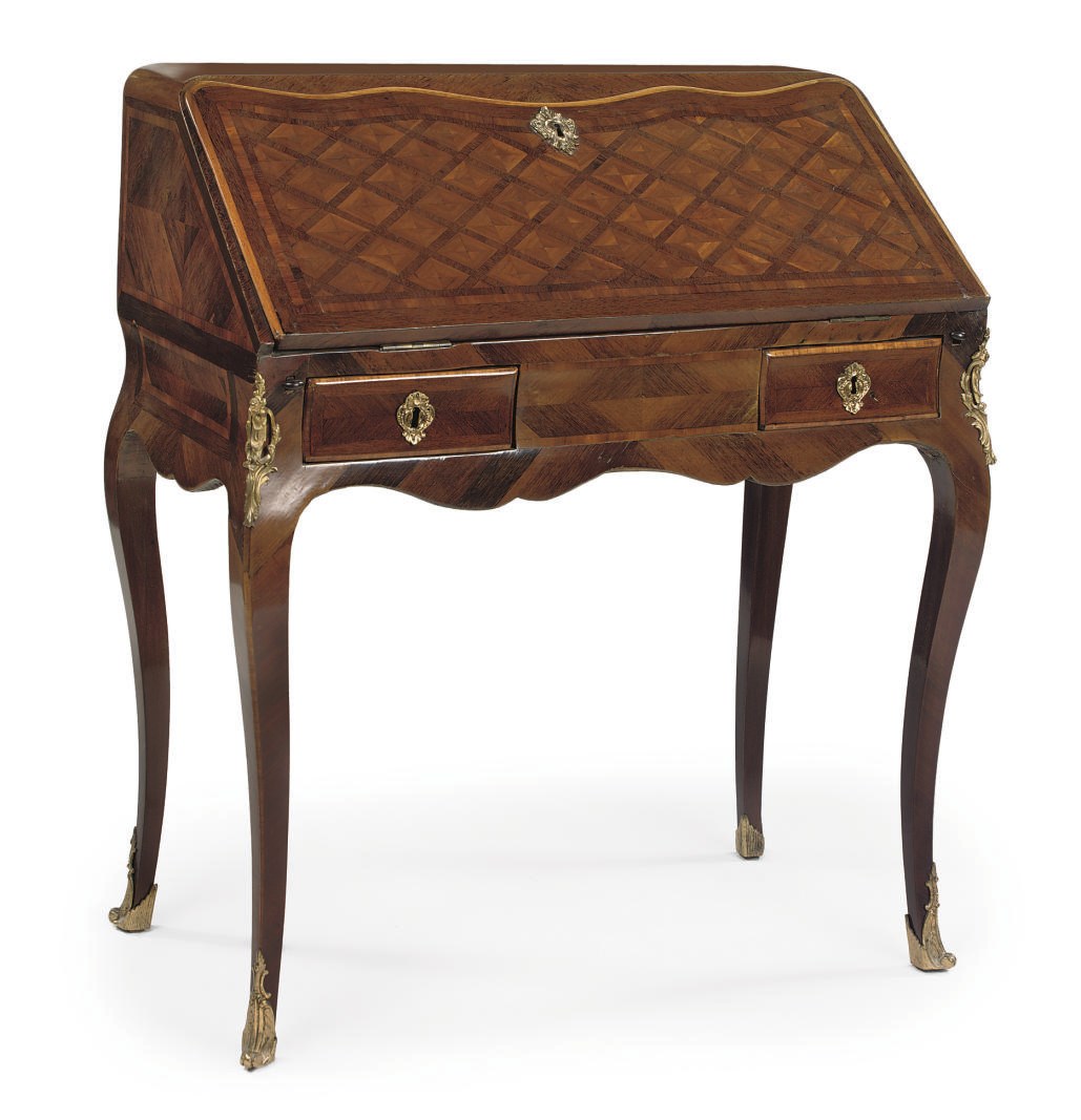 A LOUIS XV ORMOLU-MOUNTED BOIS SATINE, TULIPWOOD AND ROSEWOOD PARQUETRY BUREAU DE PENTE