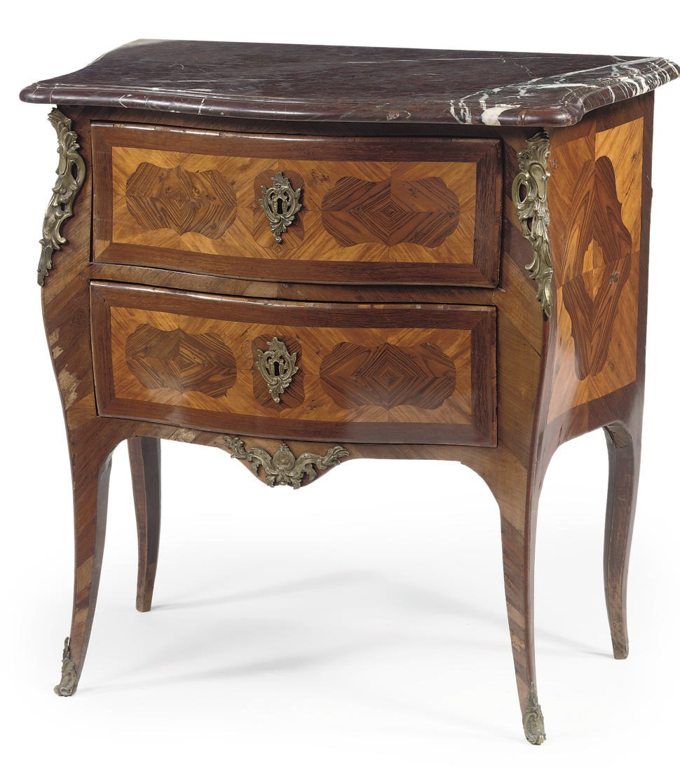 A LOUIS XV ORMOLU-MOUNTED AMARANTH, TULIPWOOD AND KINGWOOD COMMODE