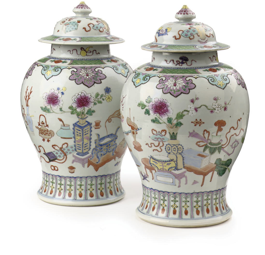 A pair of Chinese famille rose baluster jars and covers