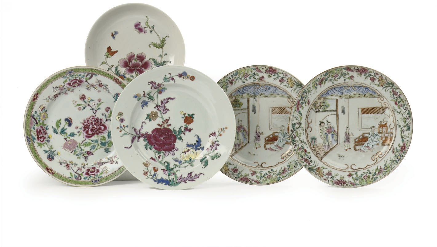 Five Chinese famille rose plates