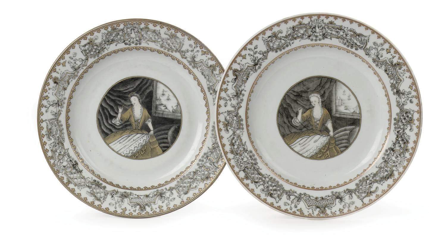 A pair of grisaille and gilt Chinese 'European subject' plates