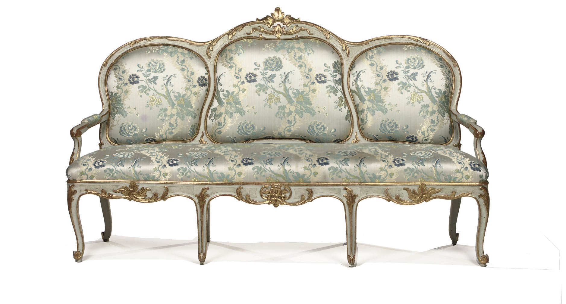 A NORTH EUROPEAN PARCEL-GILT AND GREY-PAINTED SOFA