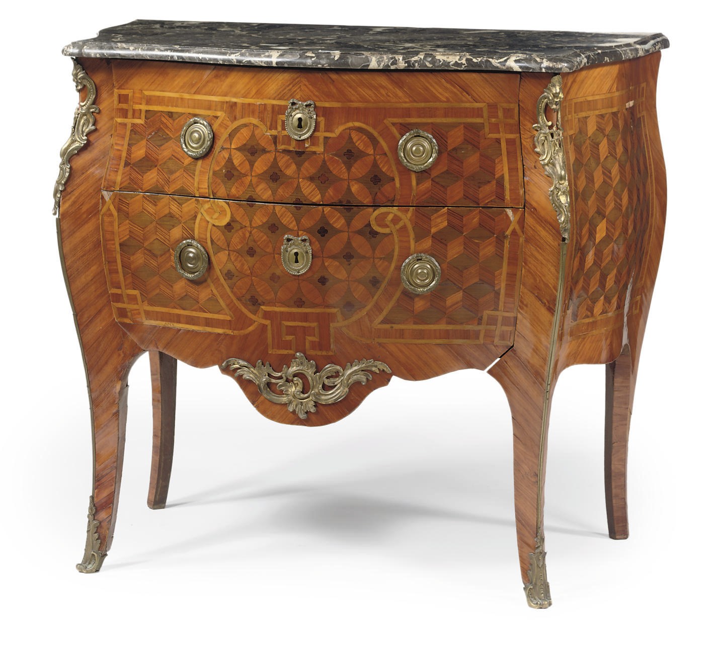 A LATE LOUIS XV ORMOLU-MOUNTED TULIPWOOD, KINGWOOD, AMARANTH AND STAINED FRUITWOOD PARQUETRY COMMODE