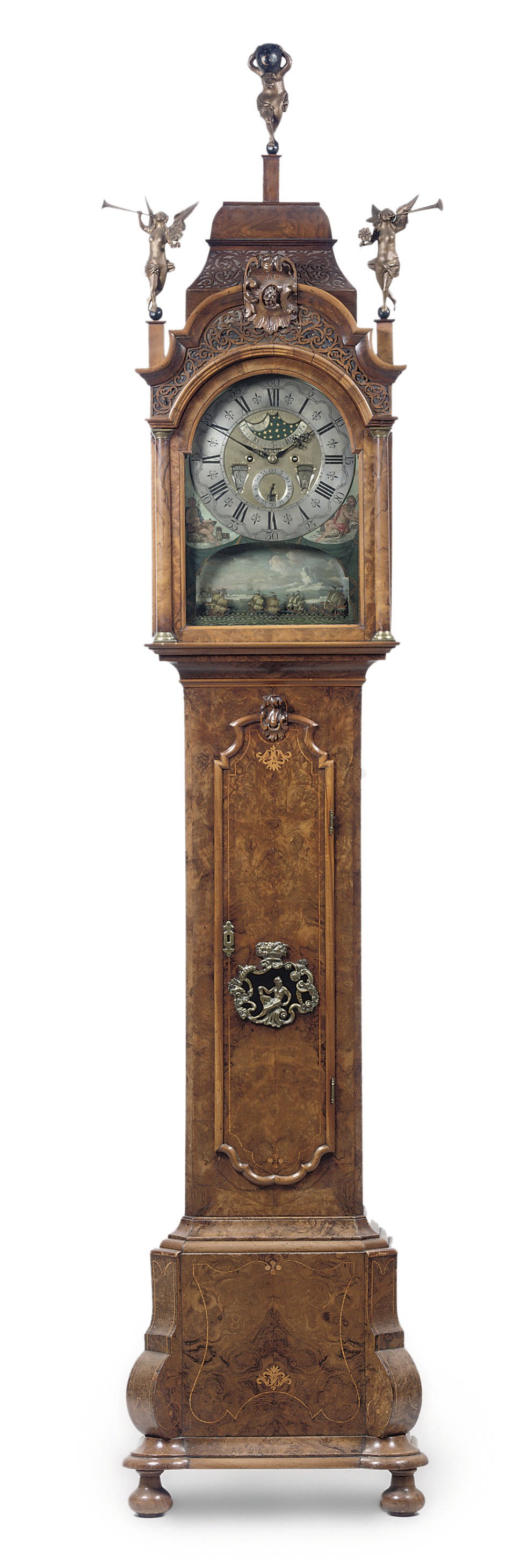 A DUTCH WALNUT AND BURR-WALNUT LONGCASE CLOCK WITH 'SCHEEPJESMECHANIEK' (AUTOMATON SHIPS)