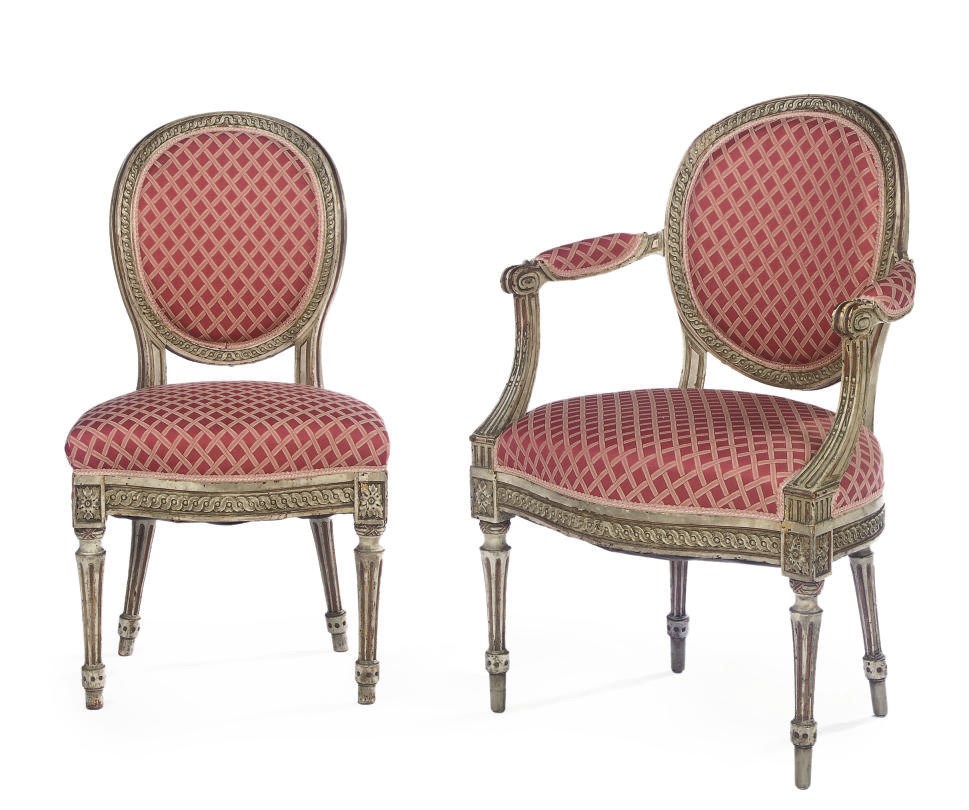 A SET OF SEVEN LOUIS XVI WHITE-PAINTED DINING CHAIRS