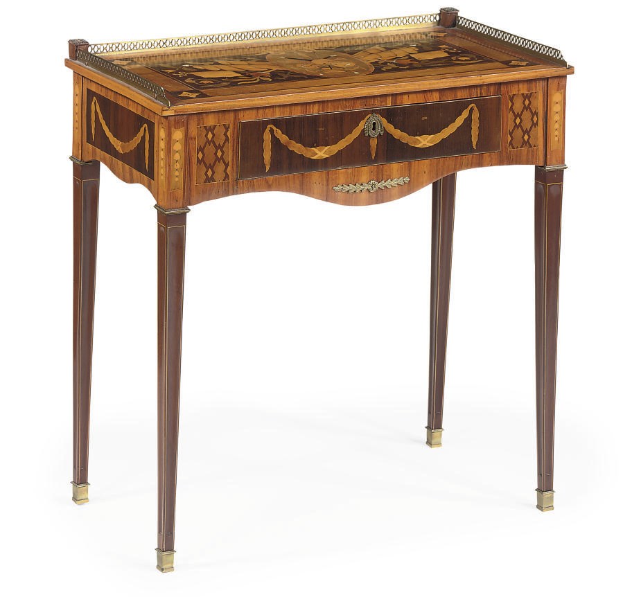 A DUTCH TULIPWOOD, MAPLE, SATINWOOD, MAHOGANY AND FRUITWOOD MARQUETRY WRITING TABLE