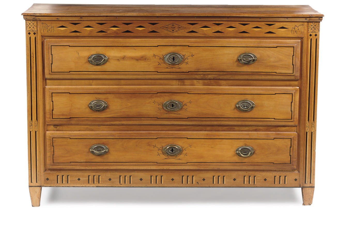 A CHERRYWOOD, STAINED FRUITWOOD AND FRUITWOOD COMMODE