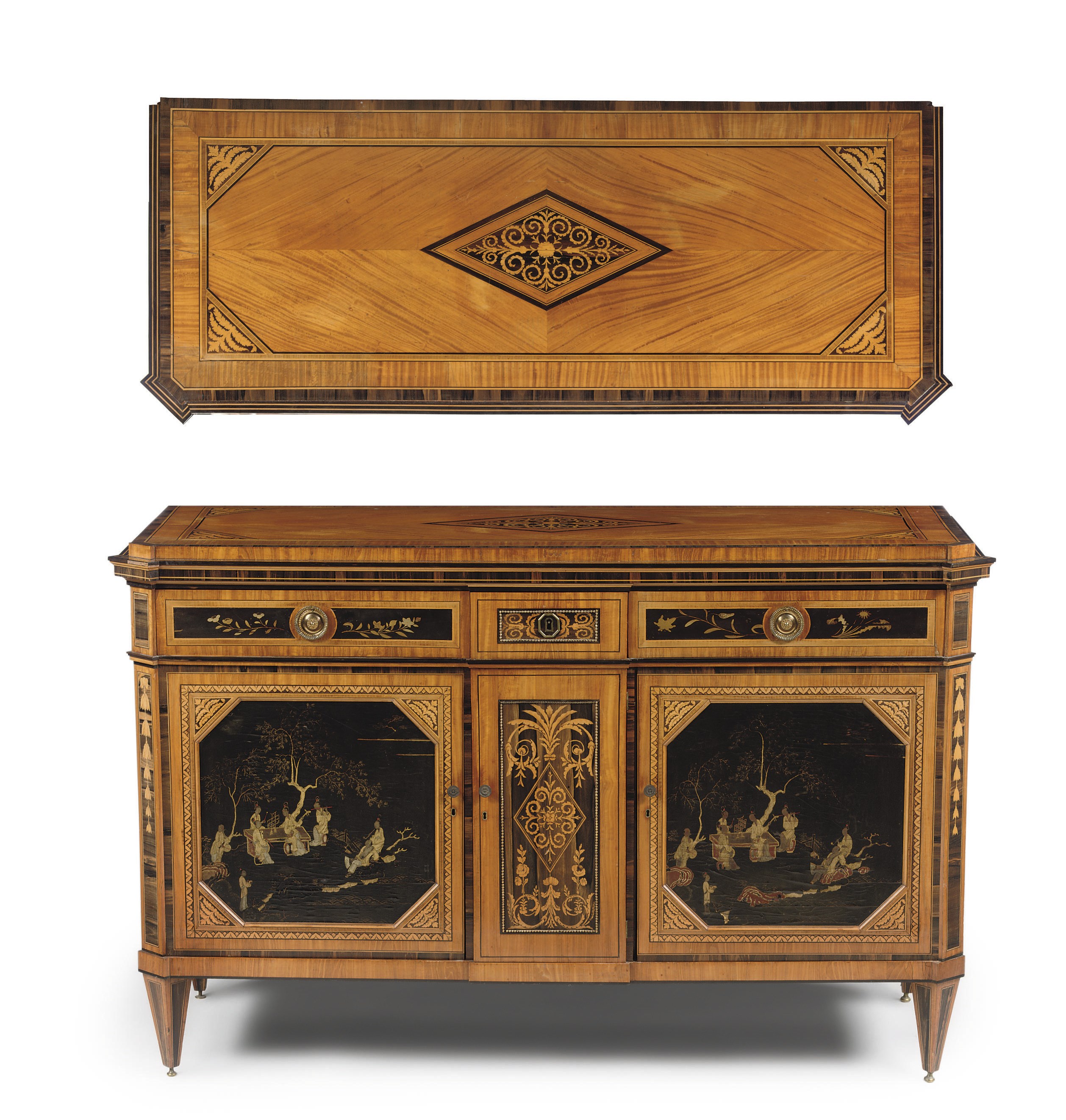 A DUTCH GILT-BRASS MOUNTED AND LACQUERED, SATINWOOD, ROSEWOOD, FRUITWOOD AND PEN-ENGRAVED MARQUETRY SIDEBOARD