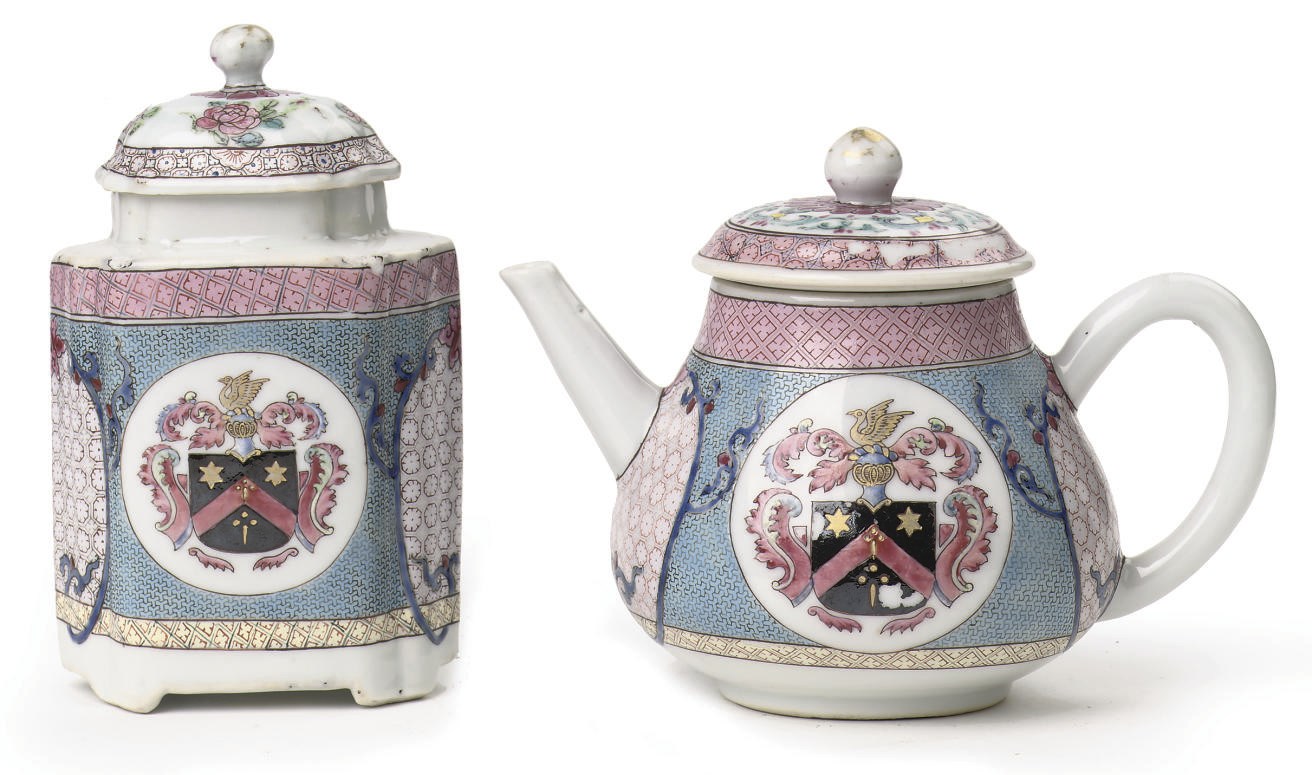 A Chinese famille rose Dutch armorial teapot and a cover and tea-caddy and a cover