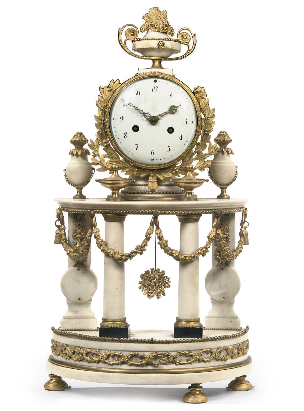 A LATE LOUIS XVI ORMOLU-MOUNTED WHITE AND BLACK MARBLE STRIKING PORTICO CLOCK
