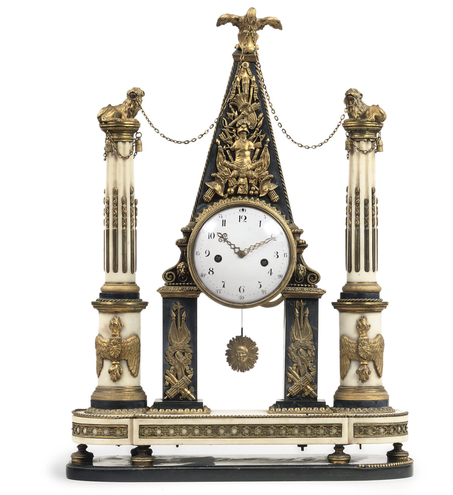 A LARGE LOUIS XVI ORMOLU-MOUNTED BLACK AND WHITE MARBLE STRIKING OBELISK PORTICO CLOCK