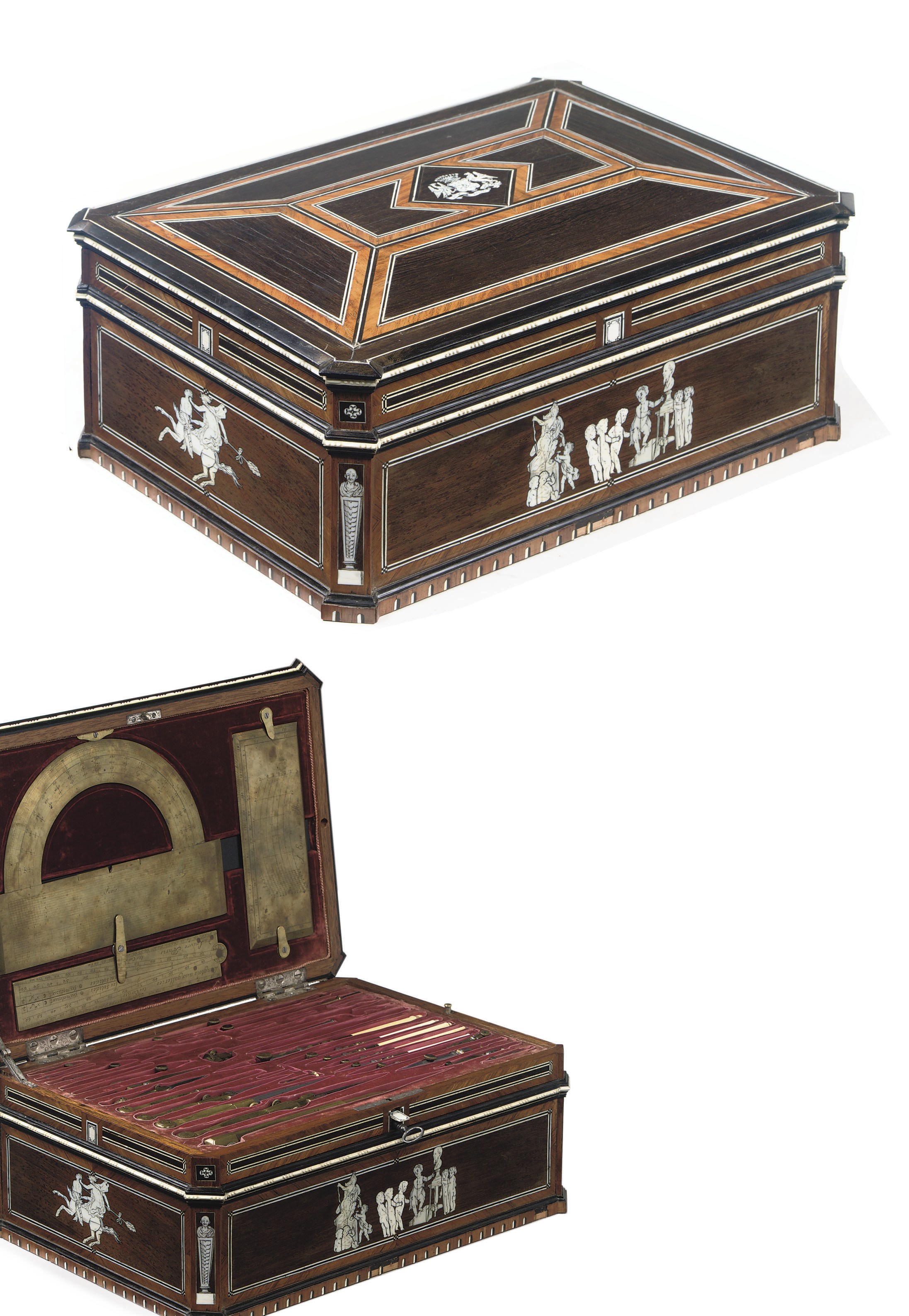 AN IVORY INLAID AMARANTH, TULIPWOOD, EBONY, MARQUETRY AND PARQUETRY CASKET