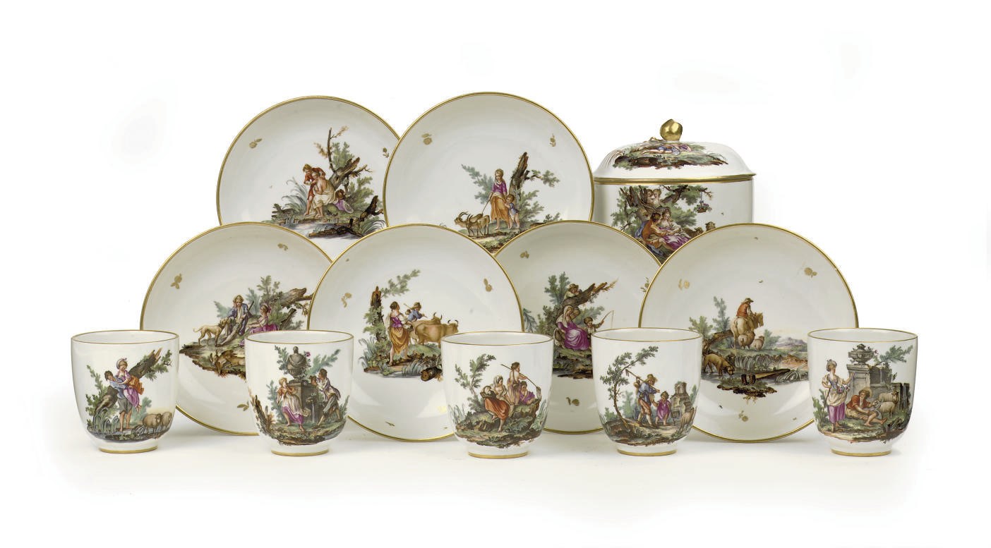 A set of five Höchst cups and six saucers and a bowl and cover