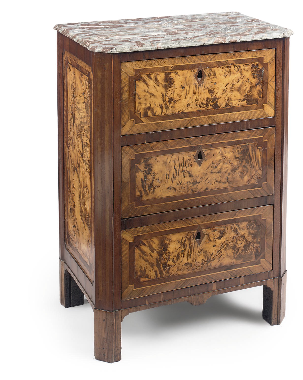 A FRENCH PROVINCIAL FRUITWOOD, WALNUT AND STAINED FIELD-MAPLE COMMODE