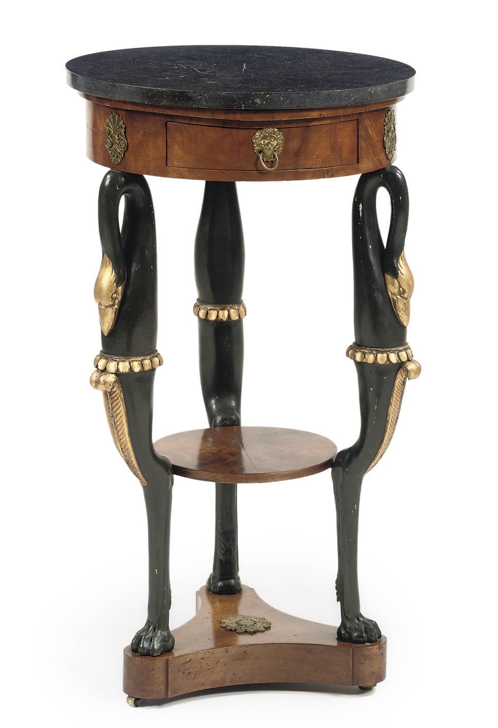 A RESTAURATION ORMOLU-MOUNTED, WALNUT, FIGURED WALNUT, GREEN PAINTED AND PARCEL-GILT GUERIDON