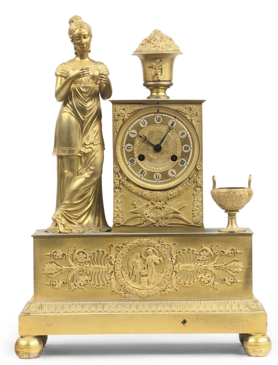 A RESTAURATION ORMOLU FIGURAL STRIKING MANTEL CLOCK