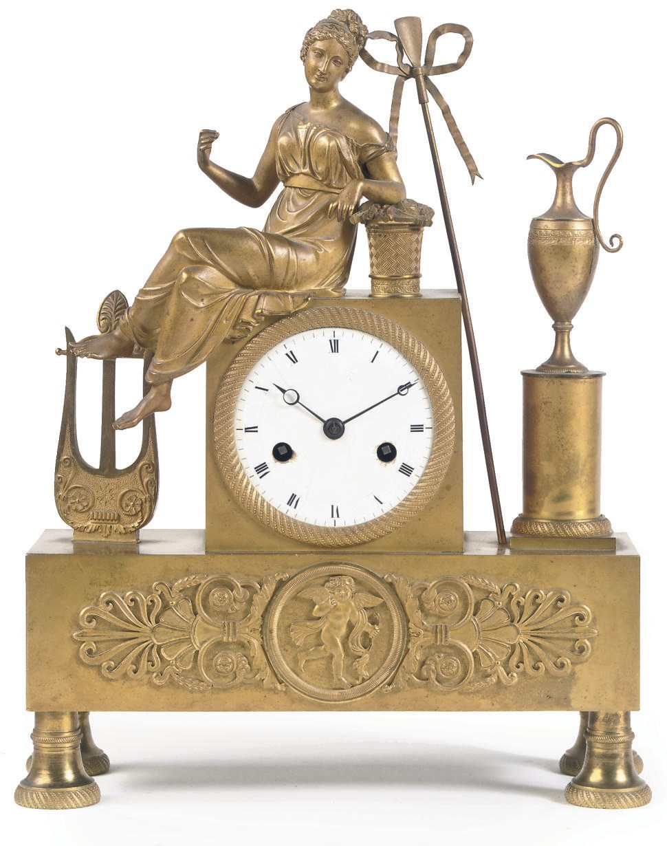 A RESTAURATION ORMOLU FIGURAL STRIKING MANTEL CLOCK