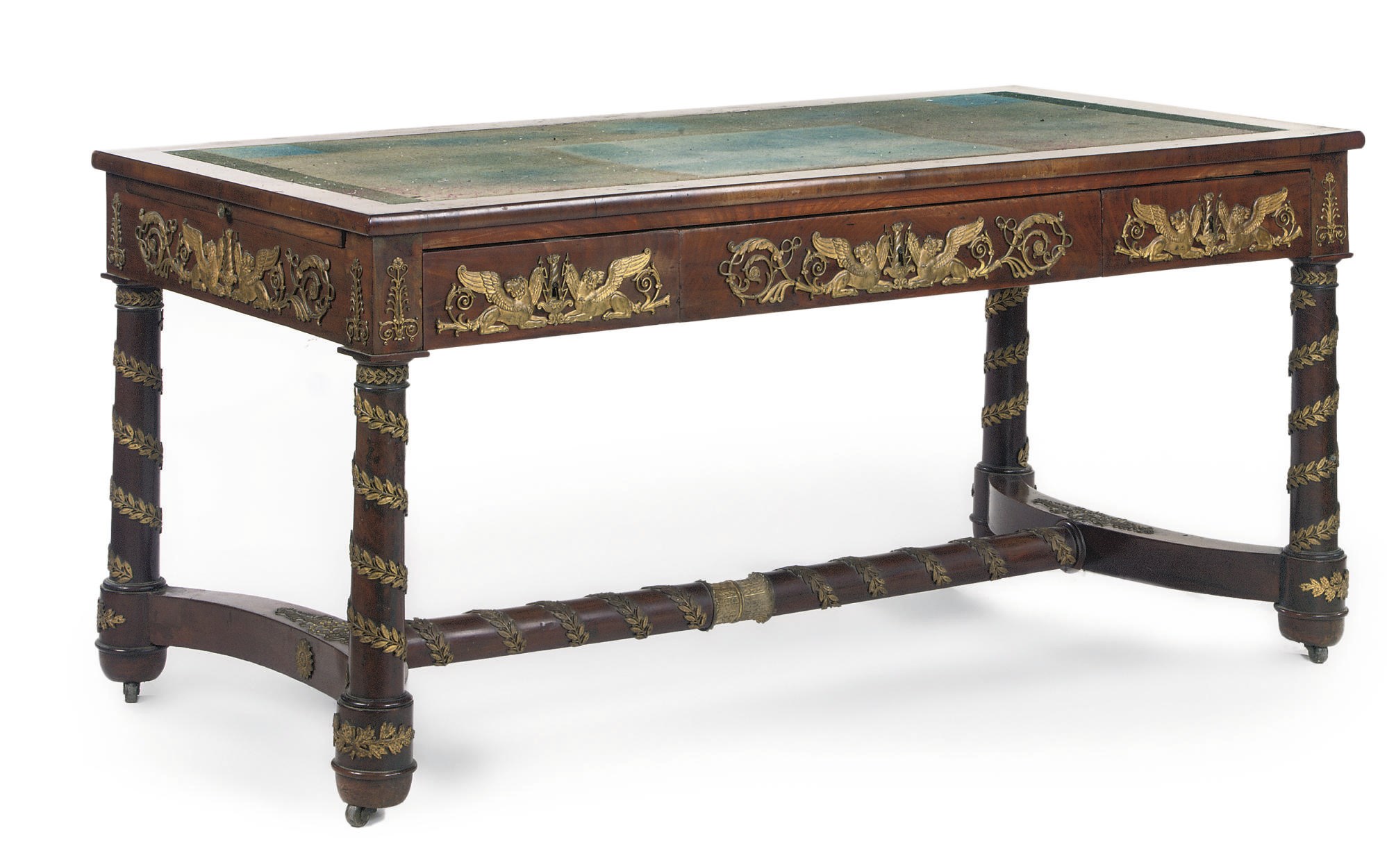 A RESTAURATION ORMOLU-MOUNTED MAHOGANY BUREAU PLAT