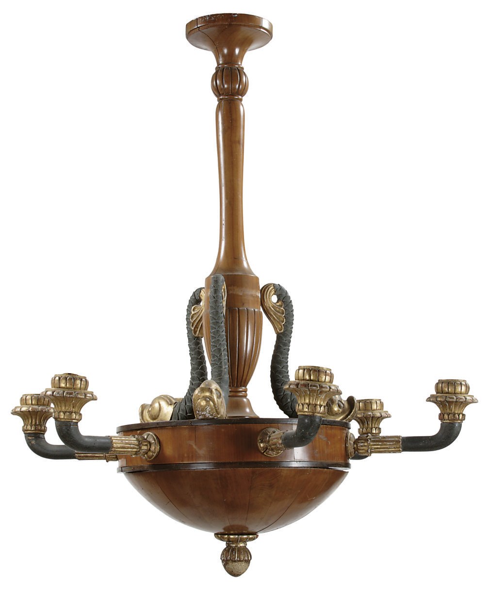A GERMAN CHERRYWOOD, EBONIZED, PAINTED AND GILTWOOD SIX-LIGHT CHANDELIER