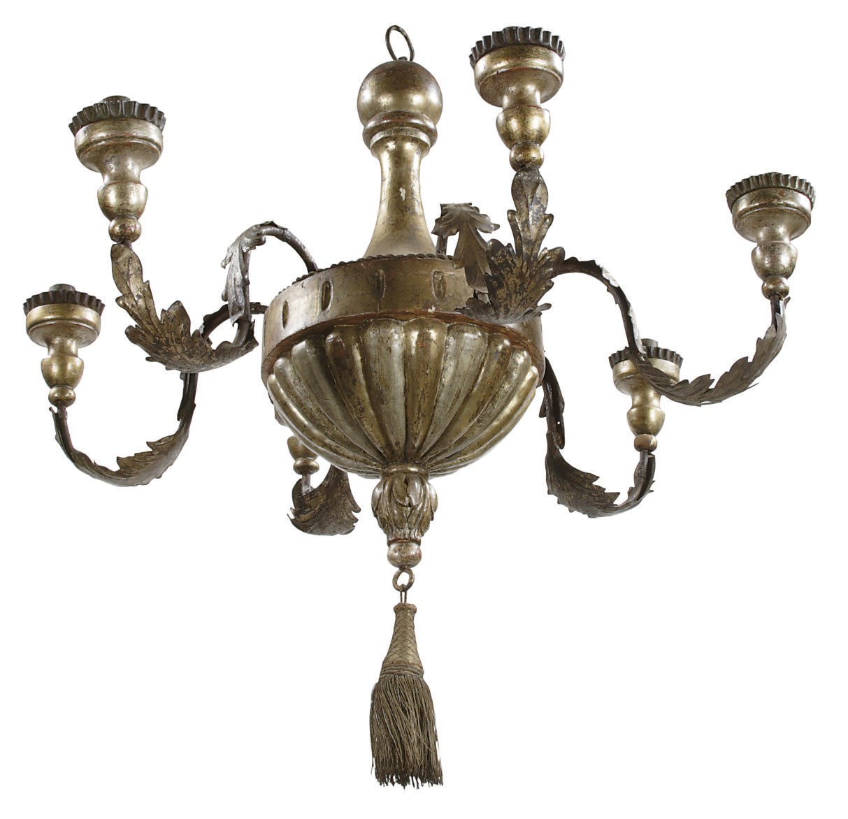 AN ITALIAN GILT AND MECCA, CARVED WOOD AND METAL SIX-LIGHT CHANDELIER