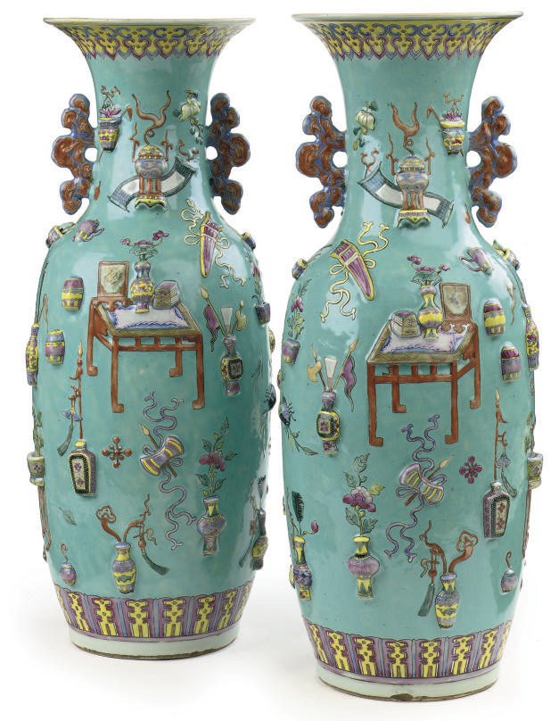 A pair of Chinese famille rose turquoise-ground vases