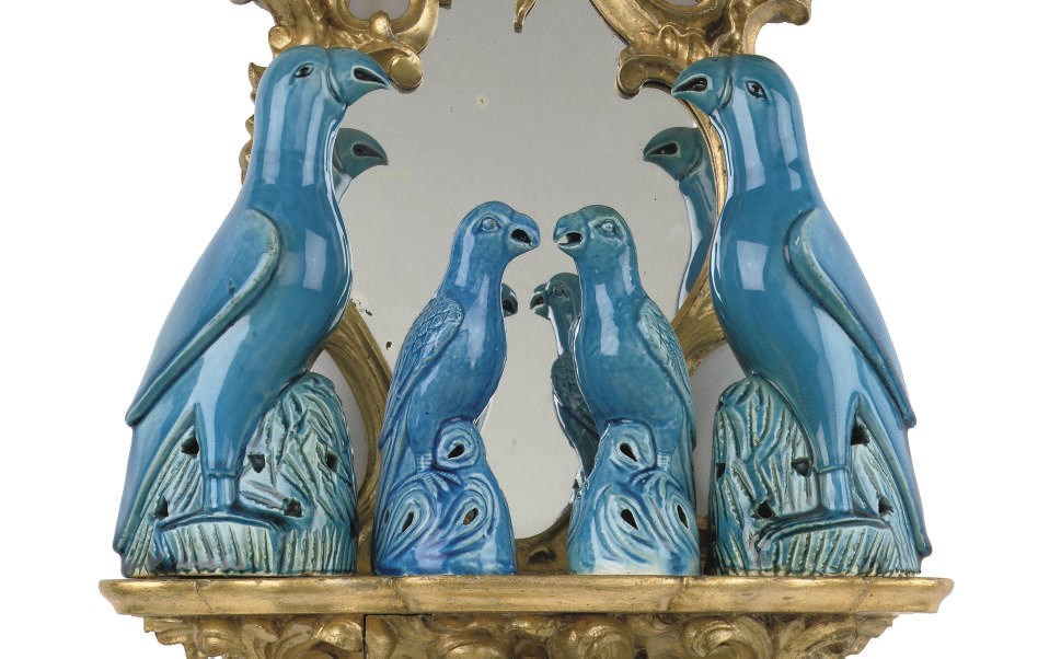 Two pairs of Chinese turquoise-glazed models of parrots