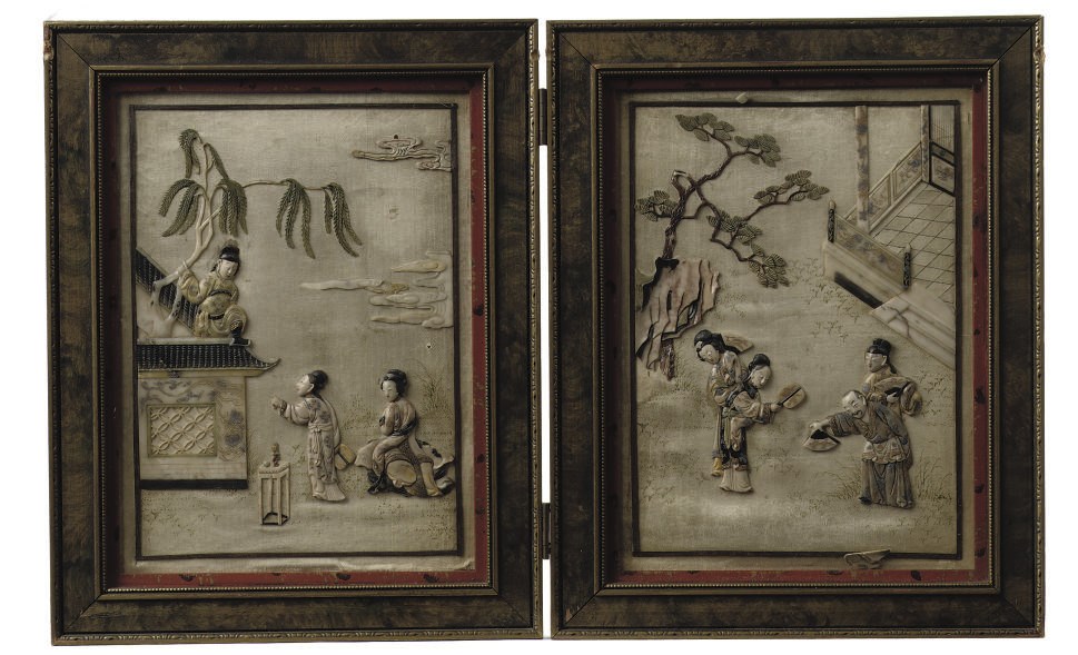 A pair of Chinese soapstone embellished silk panels