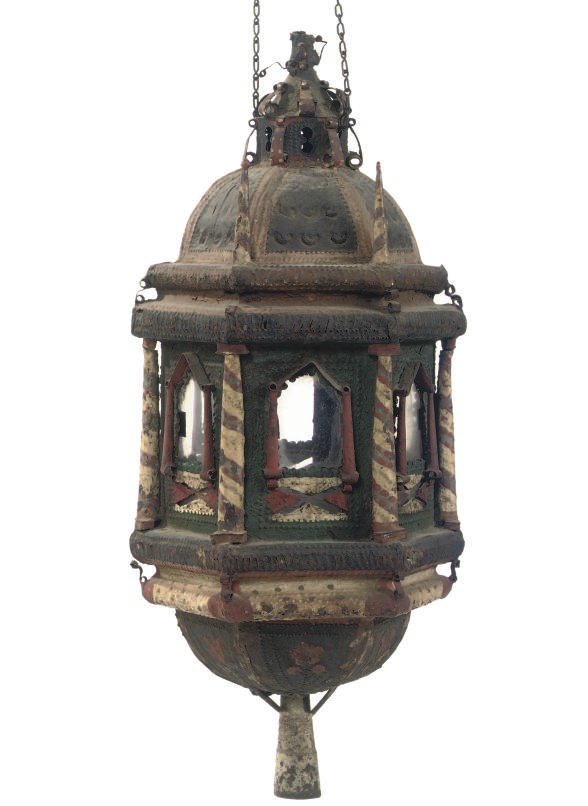 A POLYCHROME DECORATED METAL LANTERN