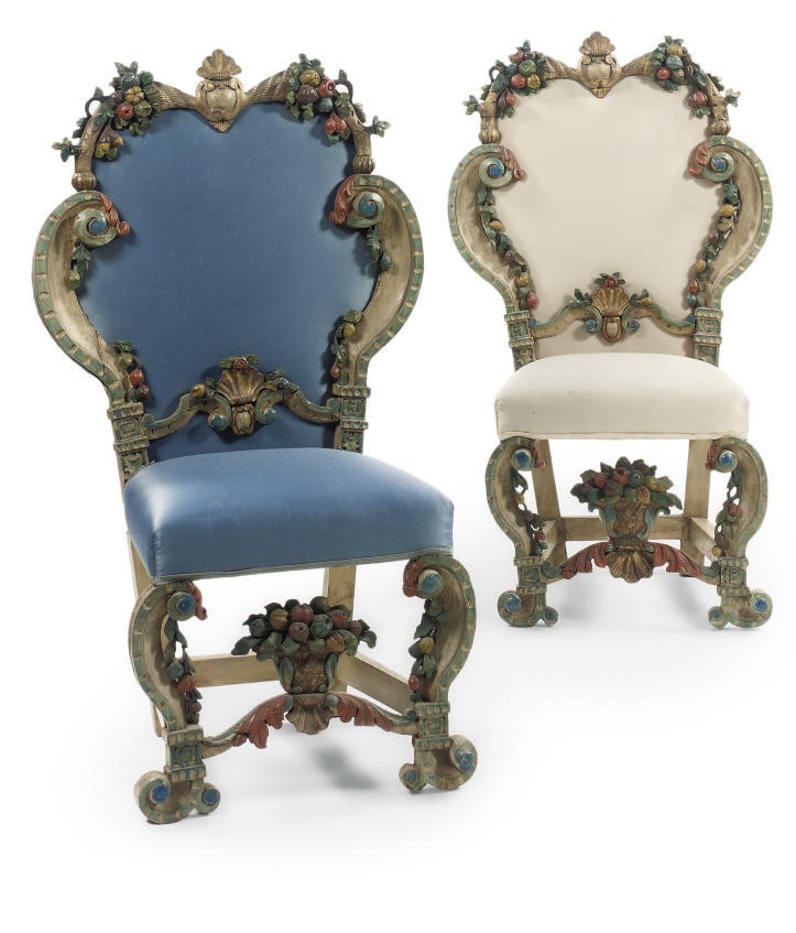 A SET OF SIX ITALIAN POLYCHROME DECORATED SIDE CHAIRS
