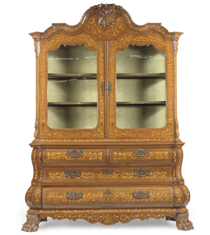 A DUTCH MAHOGANY AND FRUITWOOD MARQUETRY DISPLAY CABINET